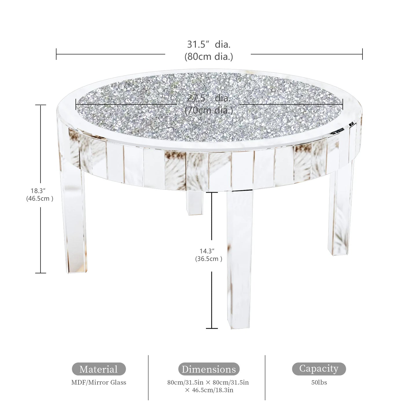 Mirrored Coffee Table with Crystal Inlay